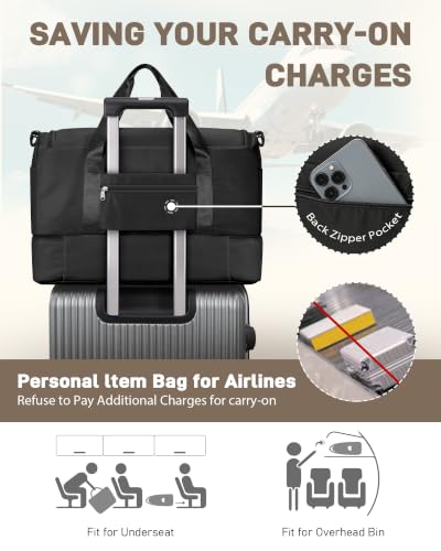 WOOMADA Extra Large Travel Duffle Bag with Shoes Compartment, Women Weekend Carry On Overnight Bag with Detachable Crossbody Bag for Travel, Business, Sports & Hospital(black) - color: Black