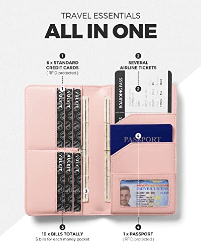 VULKIT Passport Wallet for Travel RFID Blocking Premium Leather - color: Pink