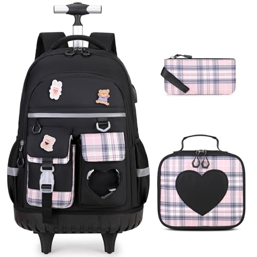 ACESAK 3PCS Rolling Backpack for Girls Children, Girls Backpack with Wheels - color: Black