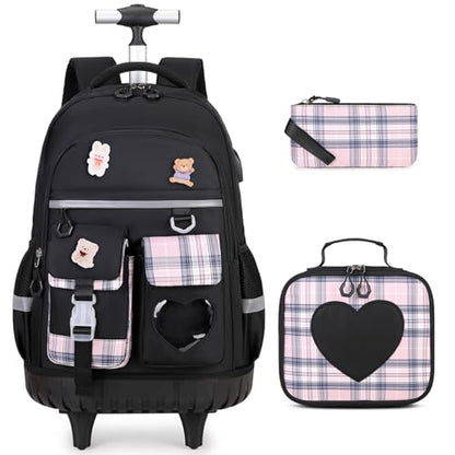 ACESAK 3PCS Rolling Backpack for Girls Children, Girls Backpack with Wheels - color: Black