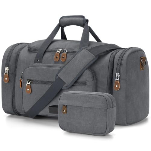 Gonex Canvas Duffle Bag, Expandable 60L Travel Overnight Weekender Bag - color: Grey, size: X-Large-60L (With Toiletry Bag)