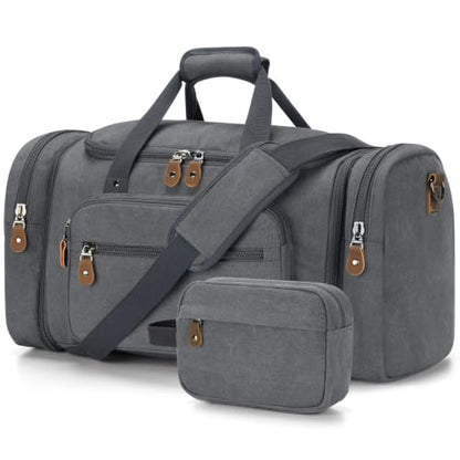 Gonex Canvas Duffle Bag, Expandable 60L Travel Overnight Weekender Bag - color: Grey, size: X-Large-60L (With Toiletry Bag)