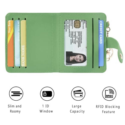 Airkit Small Wallet Women RFID, PU Leather Card Holder with Keychain - color: Light Yellow & Matcha Green