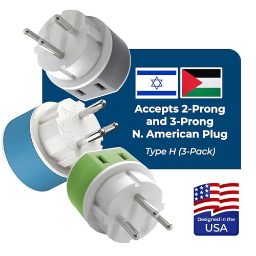 OREI Israel, Palestine Power Plug Adapter with 2 USA Inputs - Travel 3 Pack - Type H (US-14) Safe Grounded Use with Cell Phones, Laptop, Camera Chargers, CPAP, and More - style: Type H-Israel,Palestine