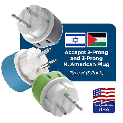 OREI Israel, Palestine Power Plug Adapter with 2 USA Inputs - Travel 3 Pack - Type H (US-14) Safe Grounded Use with Cell Phones, Laptop, Camera Chargers, CPAP, and More - style: Type H-Israel,Palestine