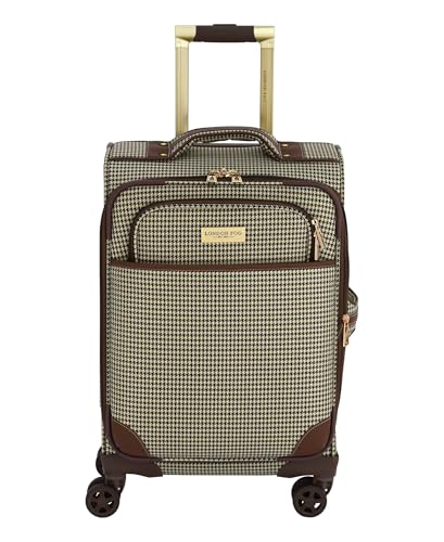London Fog Cambridge 20" Expandable Spinner Carry-On Softside Suitcase with Padded Laptop Compartment, Olive Houndstooth