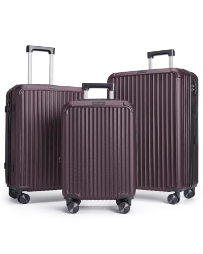 LIGHT FLIGHT 3 Pieces Luggage Sets with Spinner Wheels Hardshell TSA Lock - color: Crimson Purple