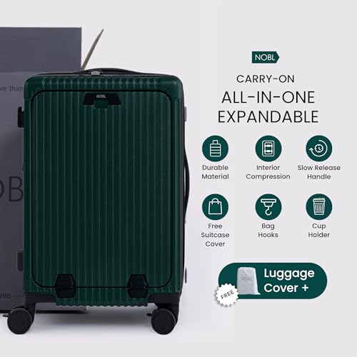 Nobl Travel Carry on Expandable Luggage, Aluminum Frame Hard Shell Suitcase | Airline Approved 22.5"x14.2"x9.8", 360° Spinner Wheels, TSA Locks, USB Charging, Cup & Phone Holder, Forest Green - color: Forest Green