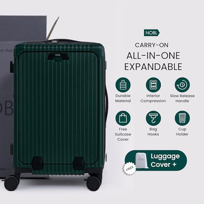 Nobl Travel Carry on Expandable Luggage, Aluminum Frame Hard Shell Suitcase | Airline Approved 22.5"x14.2"x9.8", 360° Spinner Wheels, TSA Locks, USB Charging, Cup & Phone Holder, Forest Green - color: Forest Green