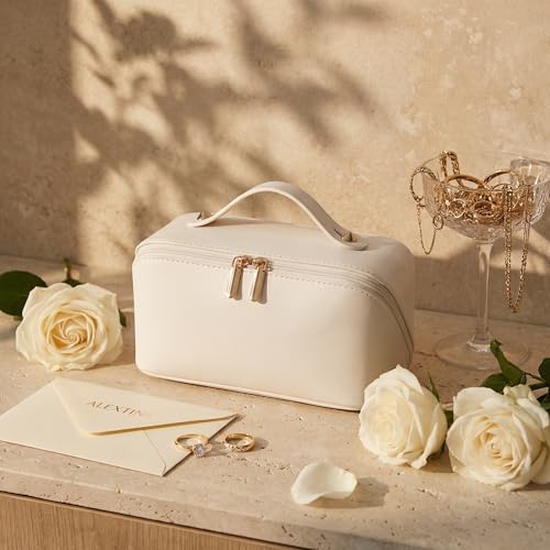 ALEXTINA Travel Makeup Bag, PU Leather Cosmetic Bag, White - color: smooth white, size: Medium