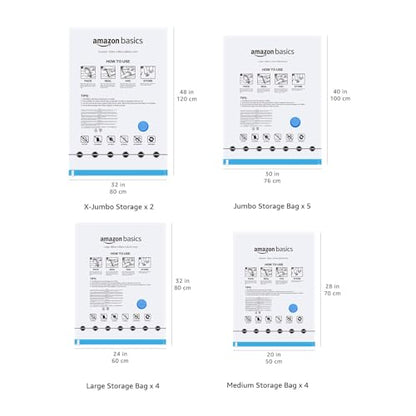 Amazon Basics Vacuum Storage Bags for Clothes, Compression Space Saving Storage Bags with Hand Pump, Reusable, Heavy-Duty Seal Protection, Multiple Sizes, White, 15-Pack - size: Multiple (Pack of 15)