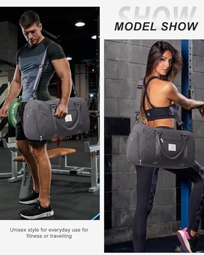 Gym Duffle Bag for Women with Shoe Compartment Waterproof Travel Tote Bags Personal Item Carry On Weekender Overnight Bags with Toiletry Bag Swimming Yoga Bags Hospital Holdalls Black Grey - color: C3-Grid-Back Grey