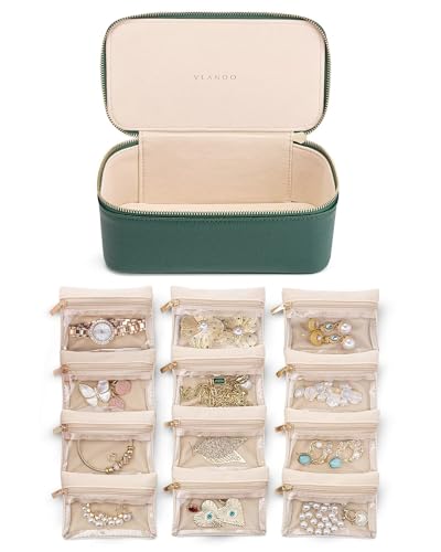 VLANDO Jewelry Boxes for Women with 12 Clear Velvet Zipper Pouches,Green - color: D.12 PCS Green