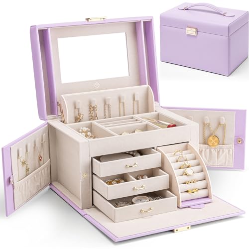 VLANDO Jewelry Box Organizer with Mirror and 3 Drawers,Purple - color: Purple