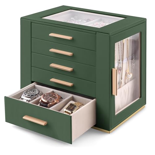 Homeanda Jewelry Boxes with Glass Lid, 5-Layer Large PU Leather, Green - color: Green, size: 5 Layer