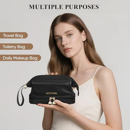 Travel Makeup Bag, Double Layer Cosmetic Bags for Women,Black - color: Black, size: Medium