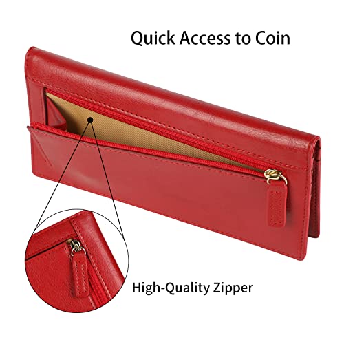Lavemi Ultra Slim Thin Leather Women Wallet RFID Blocking Credit Card Holder Bifold Long Ladies Billfold - color: 1-waxed Red