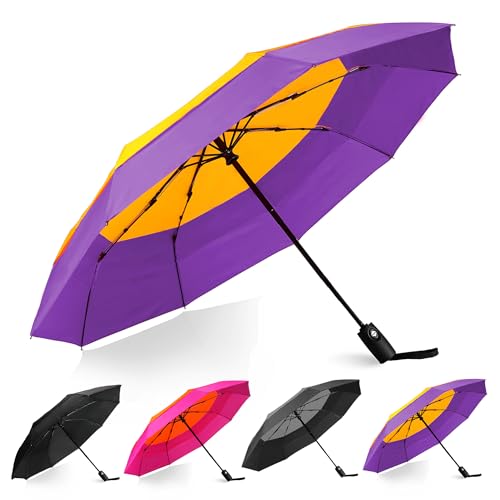 Windproof Compact Travel Umbrellas for Rain – Easy Auto Open Close, Automatic Durable Waterproof – Backpack, Portable, Lightweight Umbrellas for Travel - color: 1xYellow/Purple