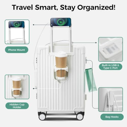 Carry on Luggage Aluminium Frame with Cup Holder,Top opening Suitcases and USB Charging Port,Lightweight with Front Pocket Rolling Suitcases with Spinner Wheels (White, 20Inch) - color: White