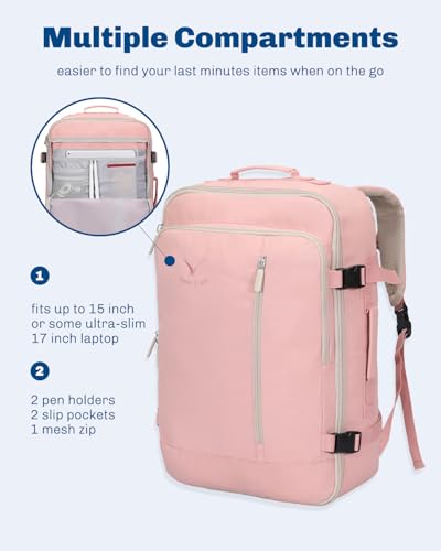 Hynes Eagle 38L Flight Approved Backpack Carry On Travel Bag for Men Women - color: Light Pink