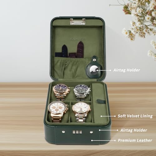 Watch Travel Case with Combination Lock - 4 Watch Storage and Jewelry - color: Green