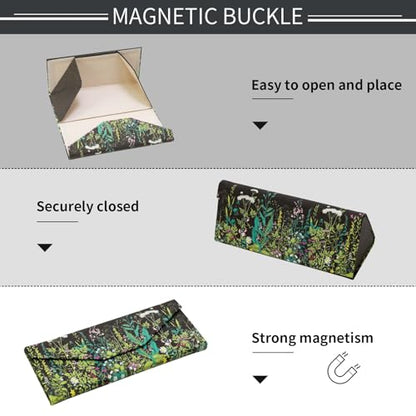 Foldable Glasses Case, Magnetic PU Leahter Sunglasses Case, Cute Hard Shell Folding Eyeglass Cases for Women Kids - color: Black Flowering Shrubs