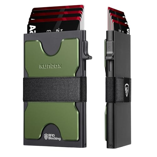 RUNBOX Slim Wallet for Men, RFID Aluminum Pop-Up Card Holder for 12 Cards - color: Matte Olive Green