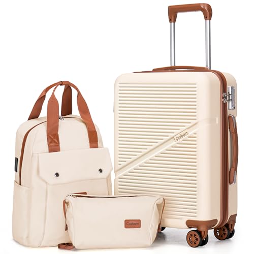 Cosbarn Carry On Luggage,3 Piece Suitcase Set,22x14x9 Airline Approved - color: Beige, style: Carry on Luggage With Backpack