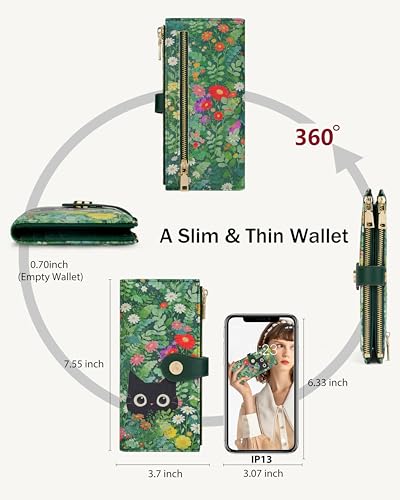 Cat Floral Women's Wallet,Thin RFID Card Holder with Zipper Pocket - color: Cat, size: Bifold
