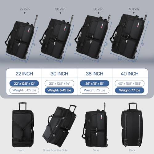 22'' Large Rolling Duffle Bag w/Wheels and Handle - size: 22in