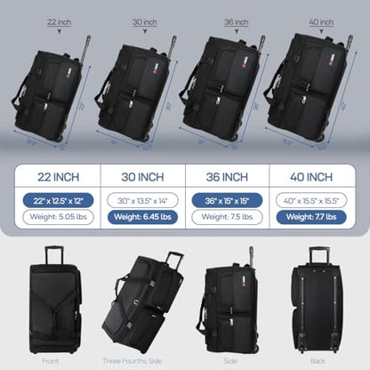 22'' Large Rolling Duffle Bag w/Wheels and Handle - size: 22in