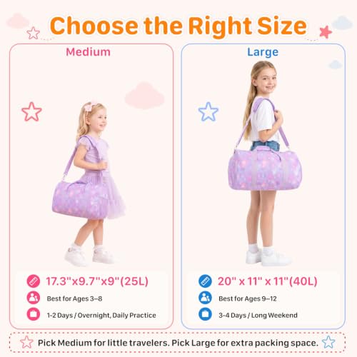 Kids Travel Duffle Bag - Weekender Bag for Girls 3-8 Year Olds - color: 01 Purple Heart, size: Medium-25L(Ages 3-8)