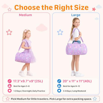 Kids Travel Duffle Bag - Weekender Bag for Girls 3-8 Year Olds - color: 01 Purple Heart, size: Medium-25L(Ages 3-8)