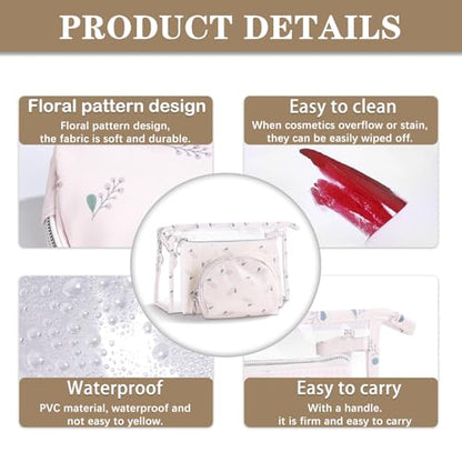 Richeart Makeup Bag, Clear Bag with Zipper, 3PC Floral Flowers Makeup Pouch, Waterproof Small Pouch, Portable Travel Toiletry Bag, E - style: E