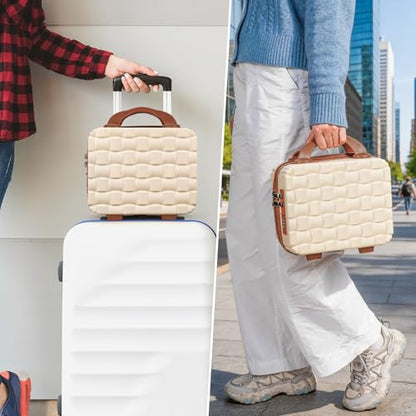 10" Hard Shell Cosmetic Case for Travel (Off White) - color: Cream & Brown