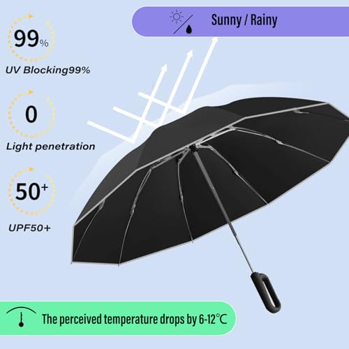 Ring Buckle Fully Automatic Umbrella, Reflective Safety Strip, Sturdy Windproof, Reverse Automatic, Travel Portable, Compact Folding (Gray) - color: Gray