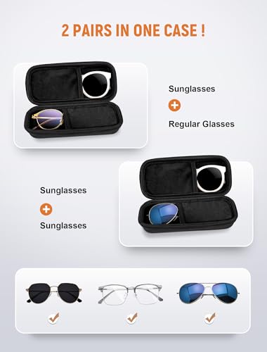 Double Glasses Case Hard Shell, Dual Sunglasses Organizer w/Zipper, Shockproof Travel Eyewear Storage Case for Car - color: Black