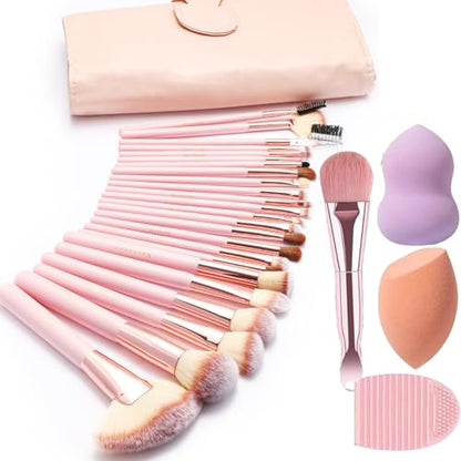 28Pcs Makeup Brushes With Sponges Girls Travel Makeup Case Pink - color: Pink