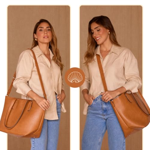 Women’s 16” Laptop Tote Bag, Vegan Leather Work Bag with Cupholder, RFID & Anti-Pickpocket Trolley Sleeve - color: Brown