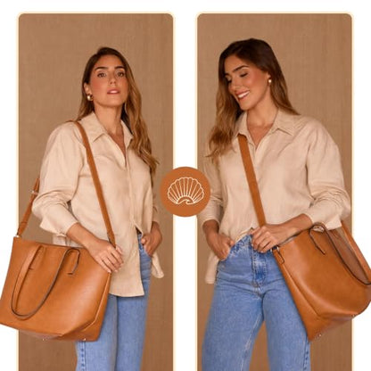 Women’s 16” Laptop Tote Bag, Vegan Leather Work Bag with Cupholder, RFID & Anti-Pickpocket Trolley Sleeve - color: Brown