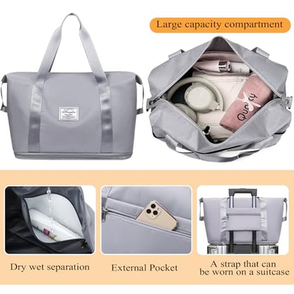 Travel Duffel Bag For Women and Men Waterproof Expandable Travel Bag Weekender Overnight Carry on Tote - color: Grey