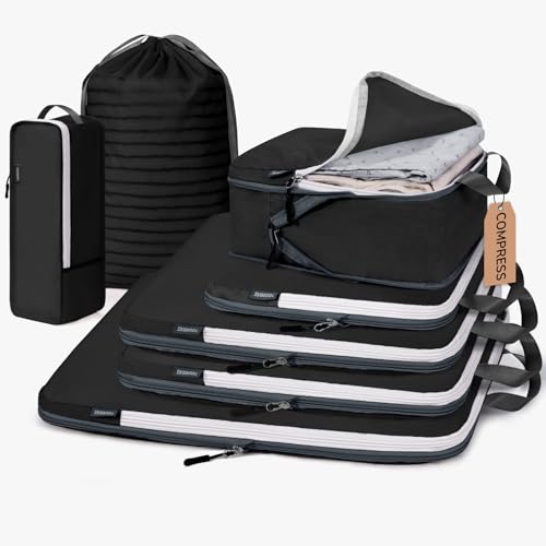 CherryNow 7 Set Compression Travel Packing Cubes for Suitcases, Black - color: Black