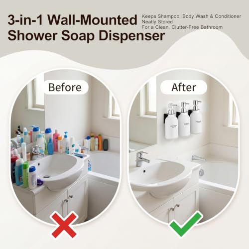 Shampoo and Conditioner Dispenser Set of 3, Wall Mounted - color: Matte White Bottle + Silver Pump