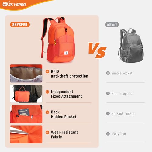 SKYSPER Small Packable Hiking Backpack 20L Anti-theift Travel Daypack | RFID Ultralight Foldable Walking Backpack with Water Bottle Holder, Nylon, Multi-compartment, Everyday Carry for Men Women - color: Orange