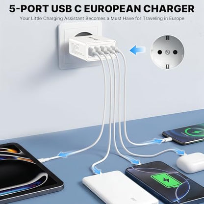 European Charger 5 Port USB C Charger Block, European Travel Plug Adapter