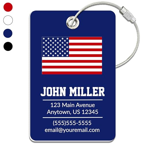 Personalized Luggage Tag with American Flag | Custom Luggage Tags for Suitcases | Kids Backpack Tag | 4 Color Options & Choose Font, Font Color - color: Dark Blue, size: 1 pack - Large
