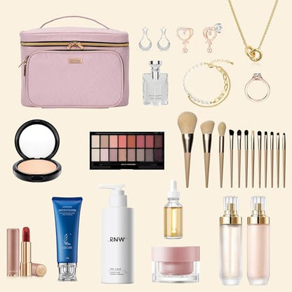 Travel Makeup Bag with Jewelry Organizer, Large Cosmetic Case, Waterproof Toiletry Bag for Cosmetics, Brushes, and Tools, Pink - color: Pink