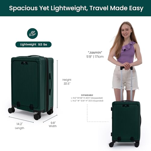 Nobl Travel Carry on Expandable Luggage, Aluminum Frame Hard Shell Suitcase | Airline Approved 22.5"x14.2"x9.8", 360° Spinner Wheels, TSA Locks, USB Charging, Cup & Phone Holder, Forest Green - color: Forest Green