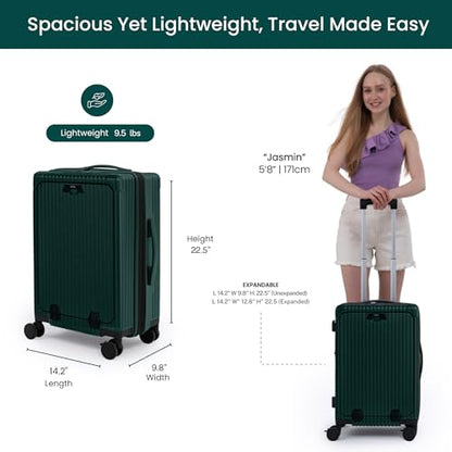 Nobl Travel Carry on Expandable Luggage, Aluminum Frame Hard Shell Suitcase | Airline Approved 22.5"x14.2"x9.8", 360° Spinner Wheels, TSA Locks, USB Charging, Cup & Phone Holder, Forest Green - color: Forest Green