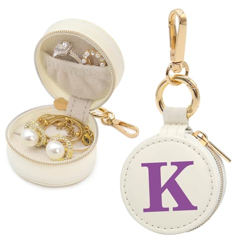 Mini Initial Travel Jewelry Case Ring Holder Gifts for Women Girls - color: Beige, size: Leather-K